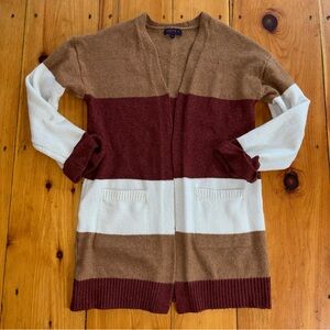Joseph A Striped Open-Front Cardigan Sweater in Cream, Tan & Burgundy